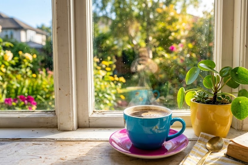 Taza humeante junto a una ventana luminosa con tonos vivos
